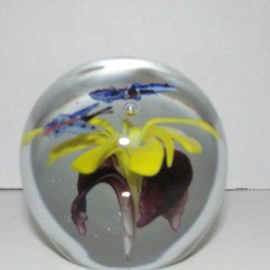 Modern Glass Paperweight with Purple and Yellow Flowers and 2 Butterflies